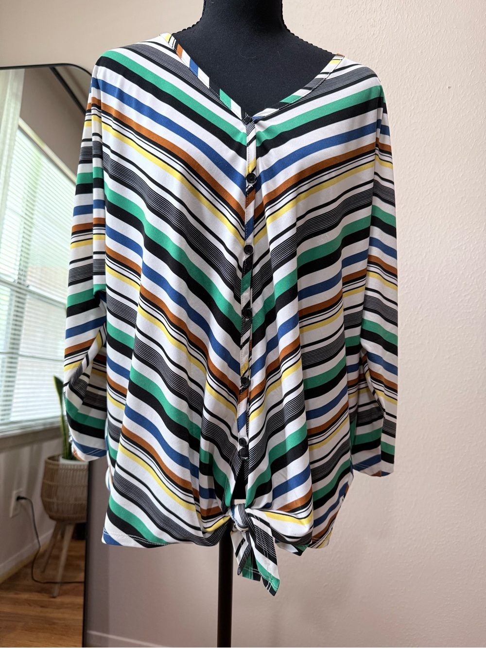 Striped V-Neck Button Front Women's Top in Green/Blue/White 95%polyester 5%spand